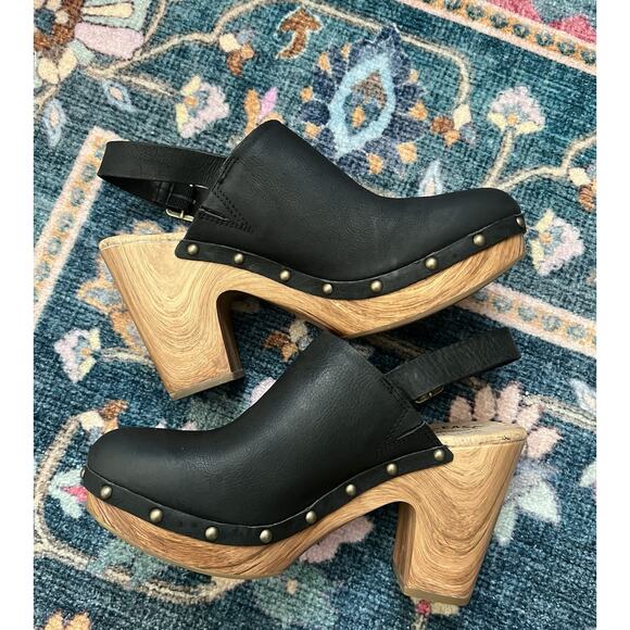 Kork-Ease Shoes - KORK-EASE Darby Black Leather Woodgrain Platform Slingback Clogs Shoes Sz 9M